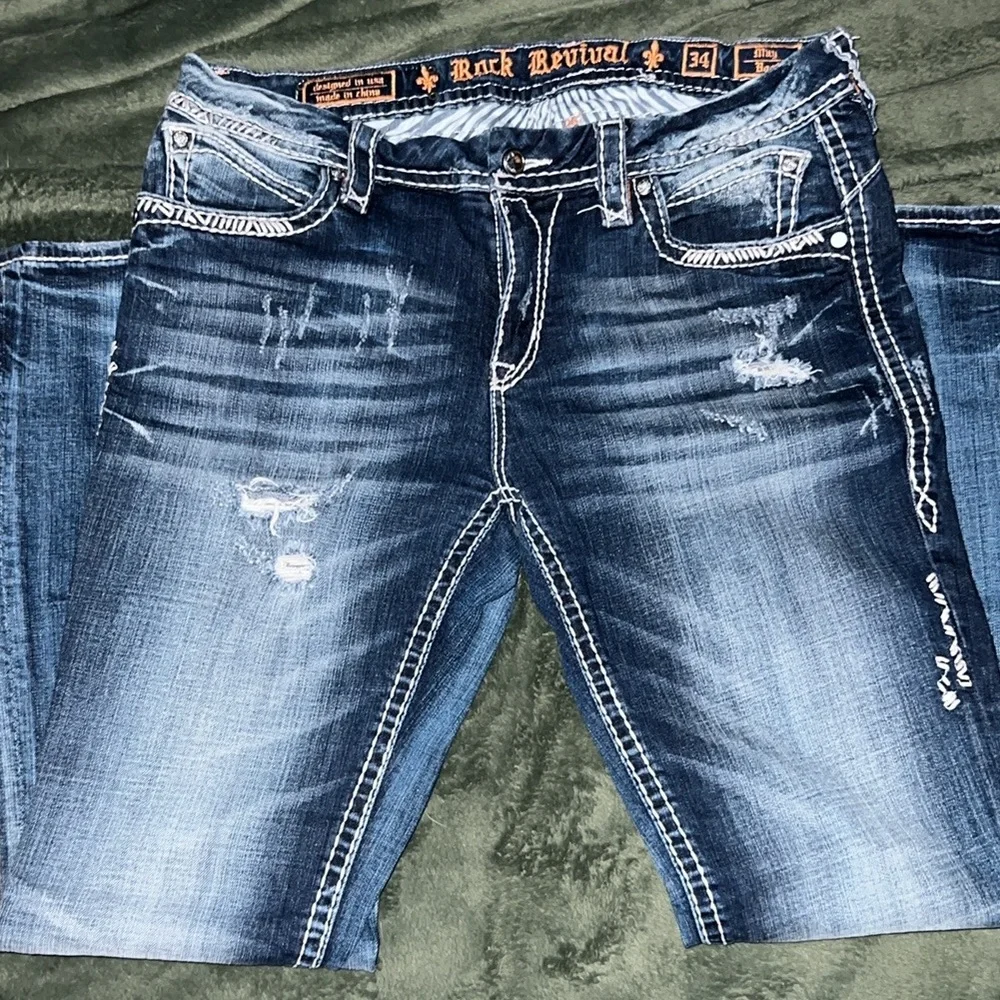 ROCK REVIVAL 🎸 THICK STITCH MAY BOOTCUT DESTROYED DISTRESSED JEANS Women 34 W38” - Picture 6 of 16
